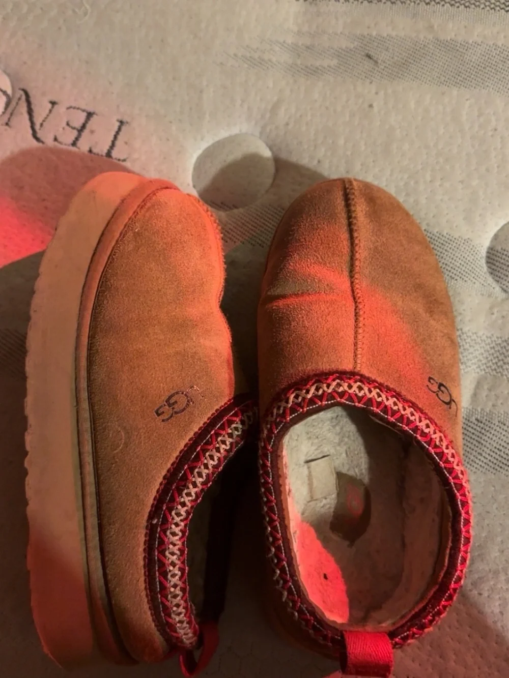 UGG Chestnut Suede Slip-On Slippers with Red Trim and Fleece